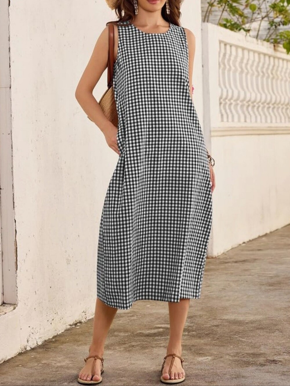 Black and White Gingham Sleeveless Women's Dress M